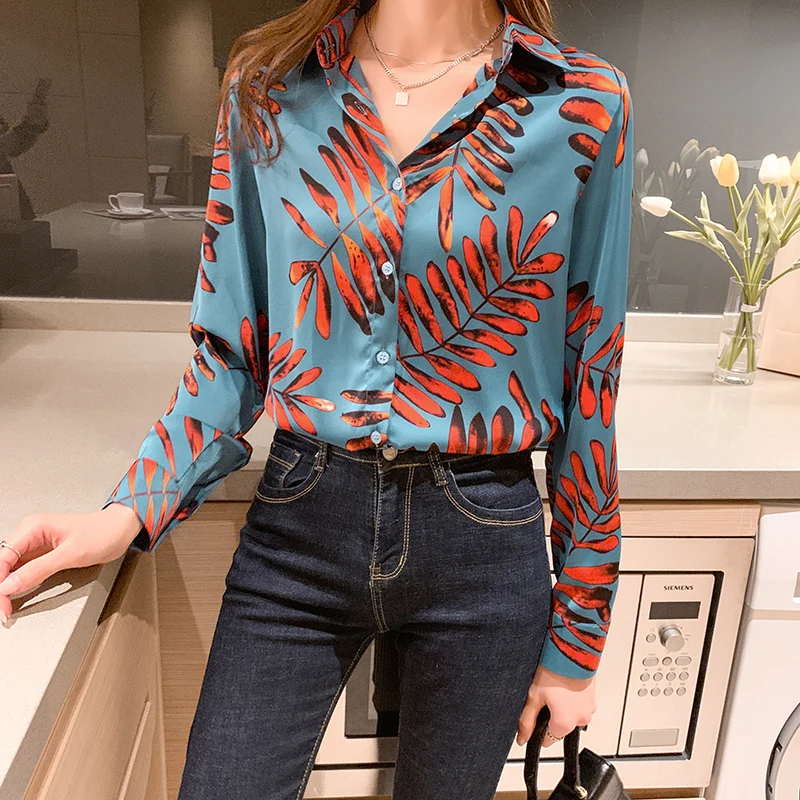 New chic leaves printing ladies shirts Women\'s Blouses 2023 Spring summer Long Sleeve Shirts Tops Blusas Mujer