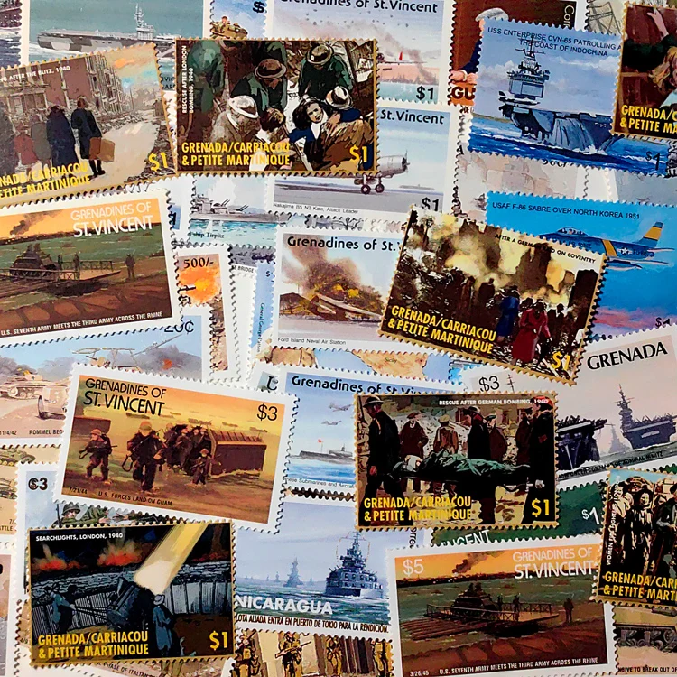 World War 2 Themed Post Stamps 50 Different Campaign Series Postage Stamps For Collection