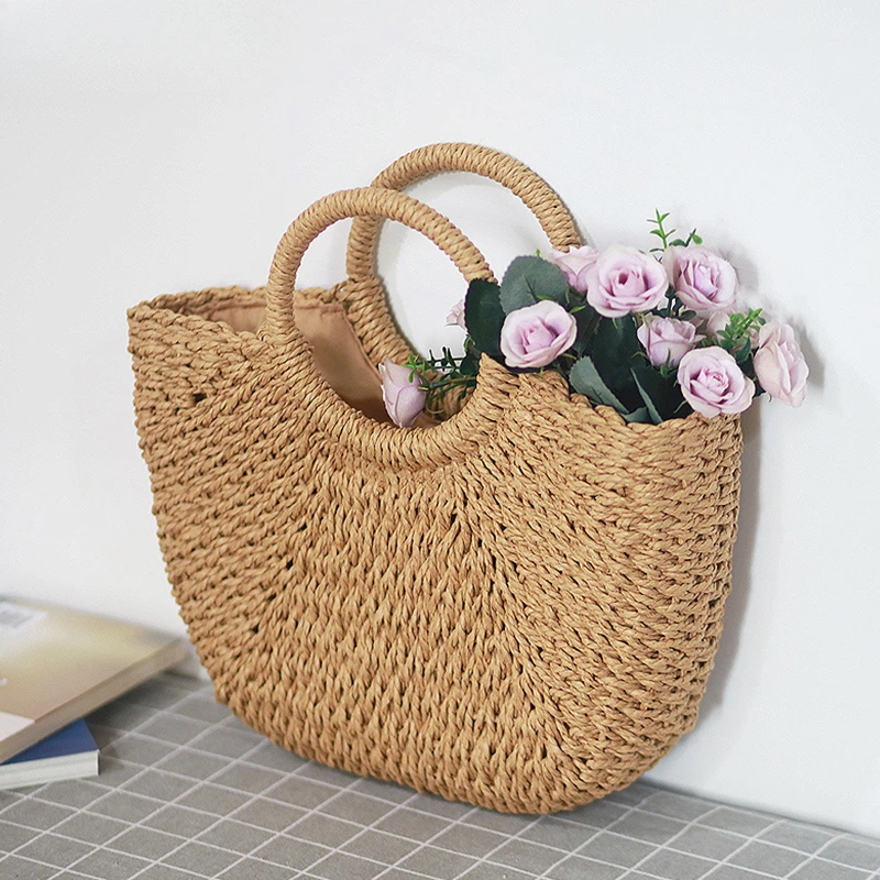 

Summer Handmade Bags for Women Beach Weaving Ladies Straw Bag Wrapped Beach Bag Moon Shaped Top Handle Handbags Totes