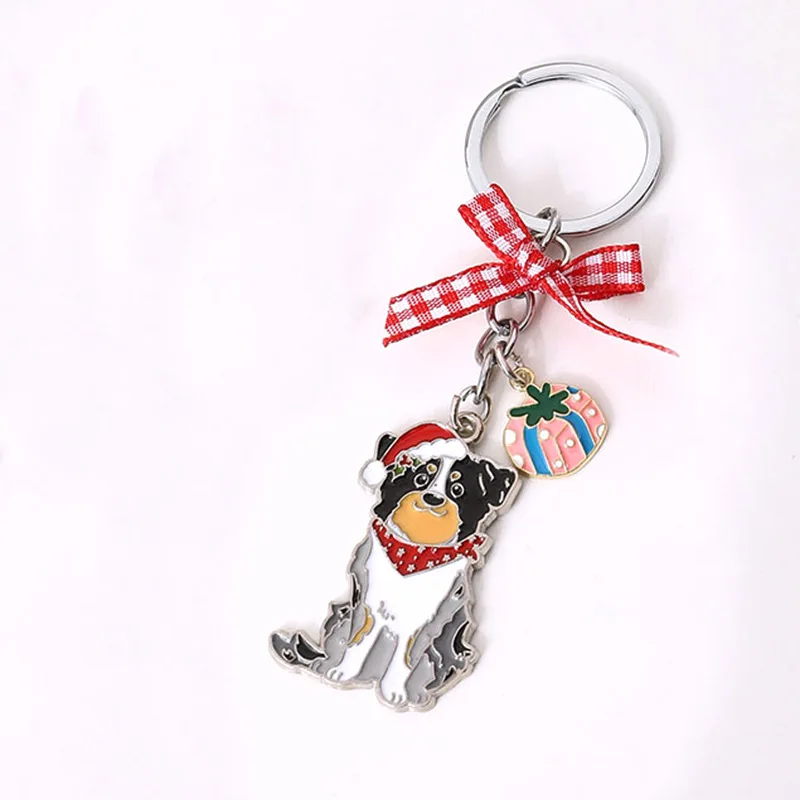 Cute Christmas hat Border collie dog Keychain Backpack Pendant Creative Keyring Birthday Gifts