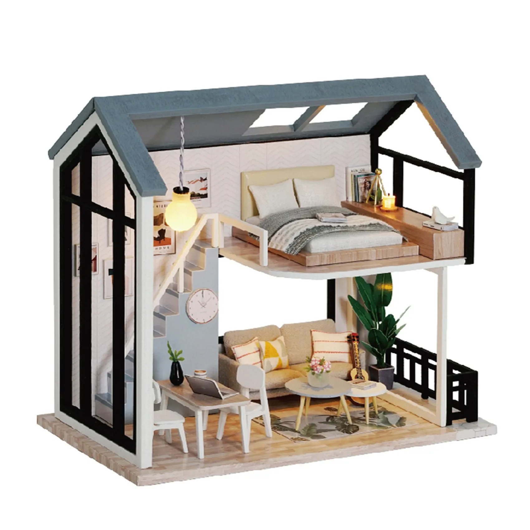 DIY Doll Room Miniature Furniture Wooden House Kit,Nordic Small Duplex Handmade Assembly Making Model