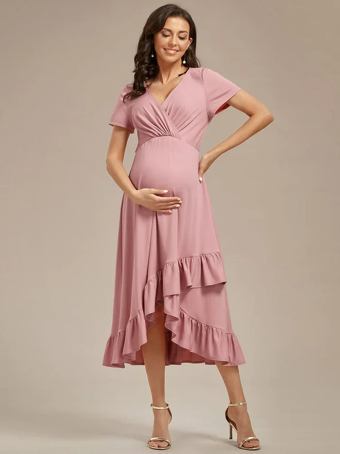 Ever Pretty short sleeves ruffles High Low Hemline V-Neck High Stretch Maternity Dress