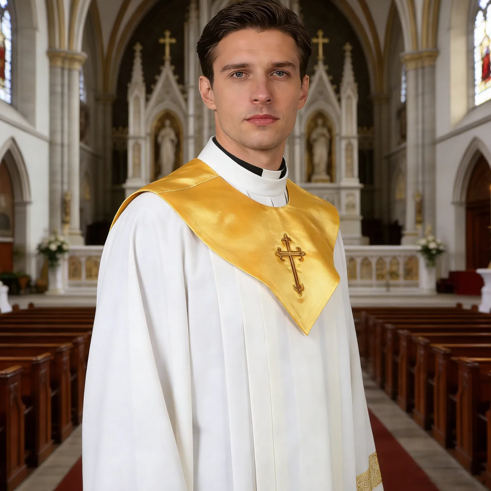 Golden Embroidered Cross Church Stole V Neck Adult Shawl for Choir Members Unisex Liturgical Religious Worship Robe Accessory