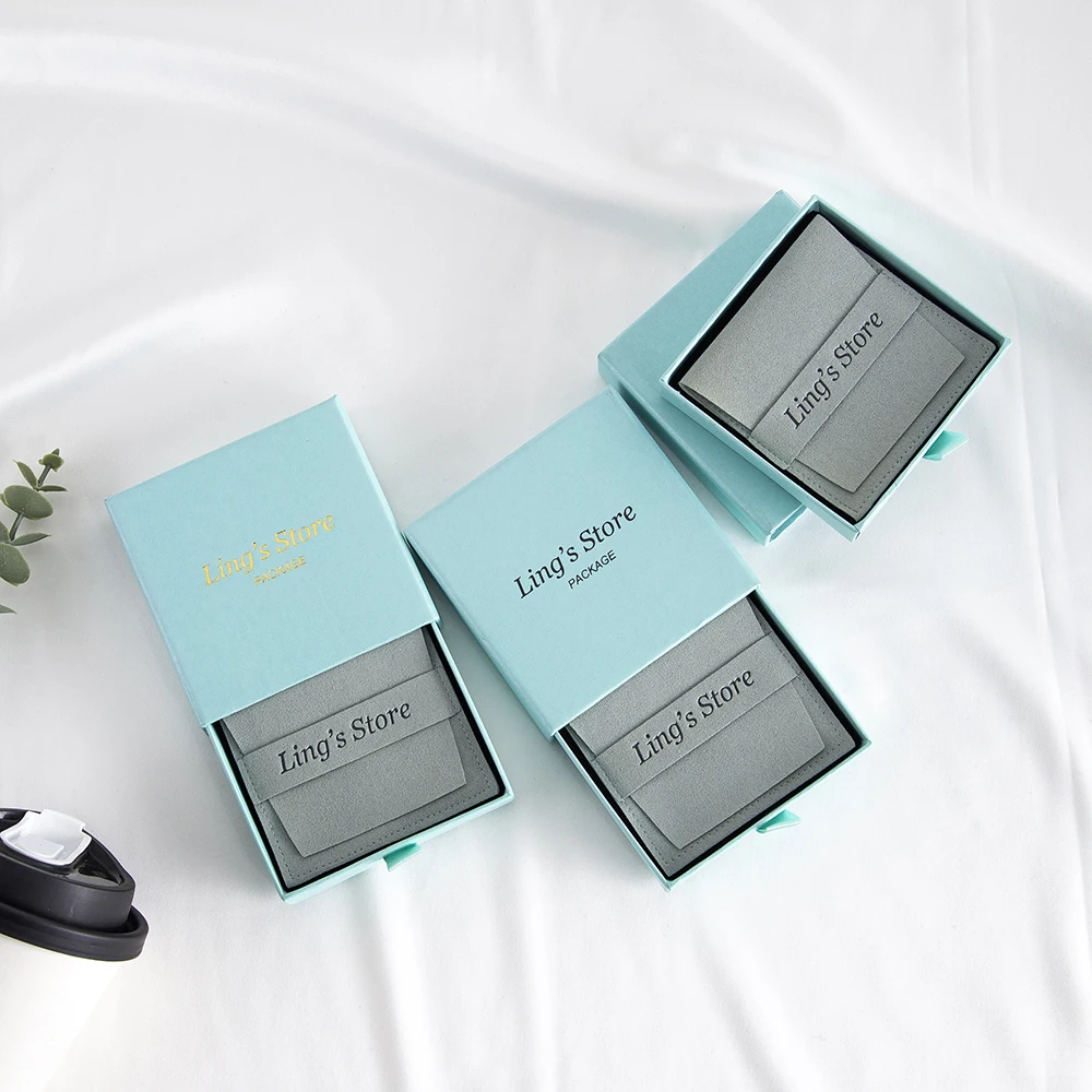 50Pcs Custom Logo Drawer Box with Microfiber Envelope Style Packaging Bags Ring Earrings Necklace Jewelry Gift Storage Container
