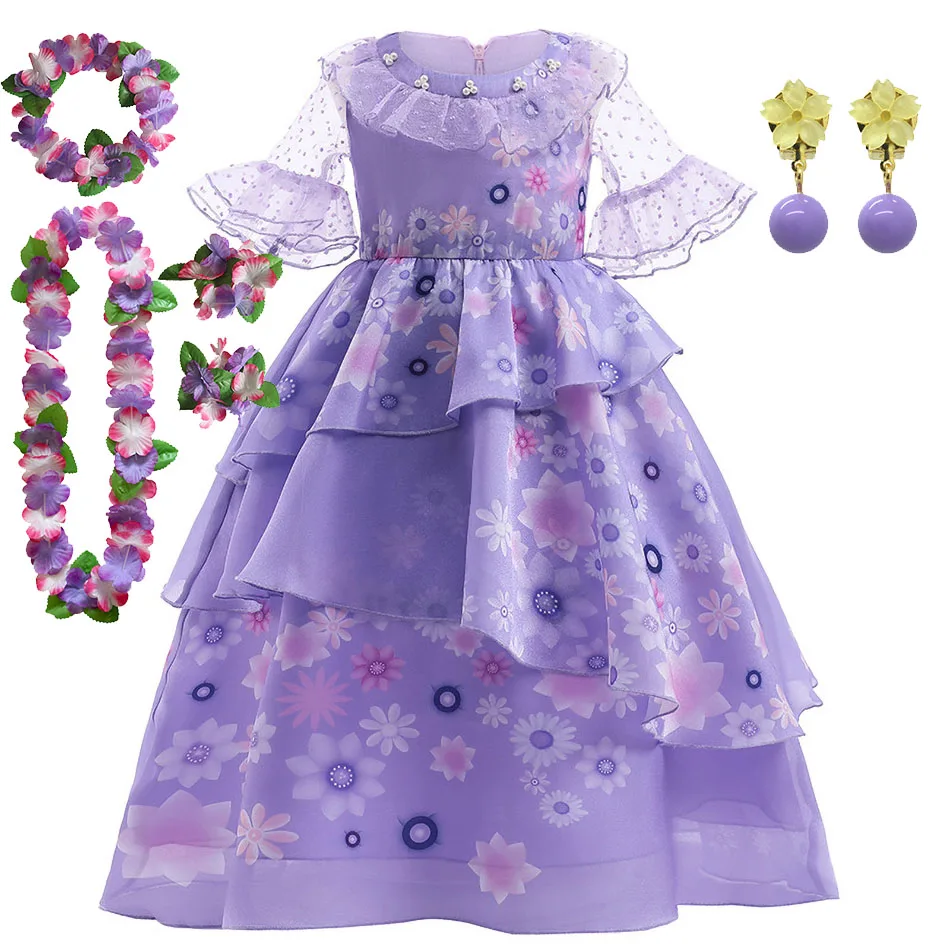 Kids Isabela Dress Children Summer Floral Swing Flared Costume Girl Encanto Cosplay Outfit Madrigal Halloween Clothes 3-12Y