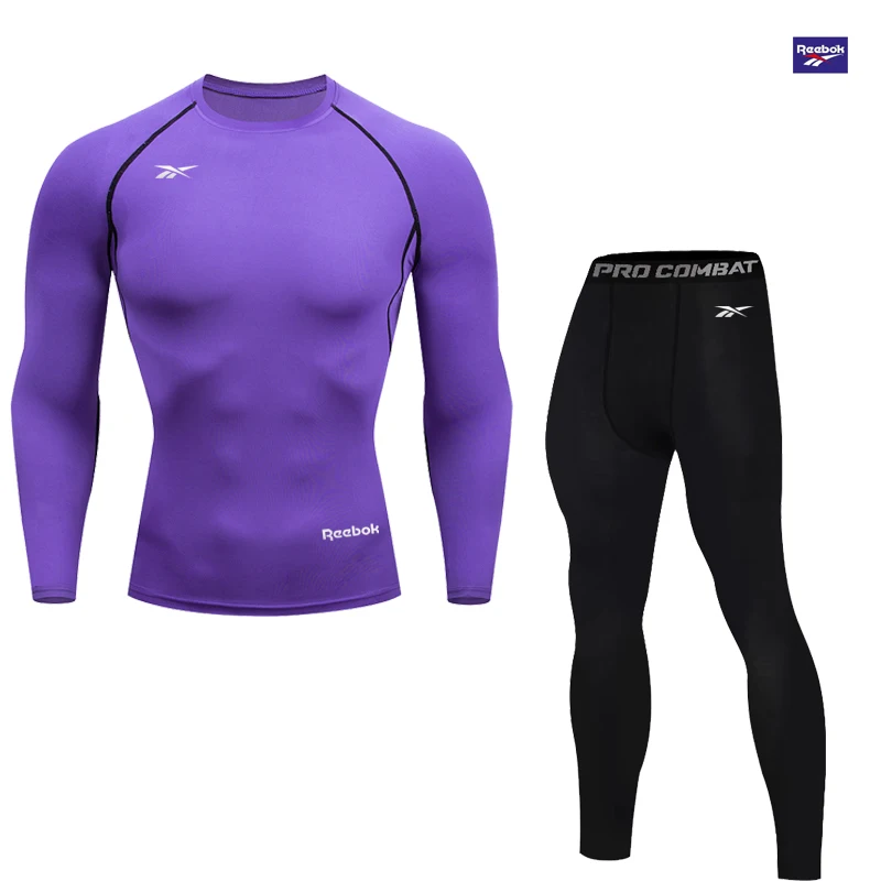 Reebok Men's Compression Long Sleeve T-Shirt Set, Stretch Training Suit, Fitness Workout Compression Top, Sport Shirt, Comfortab