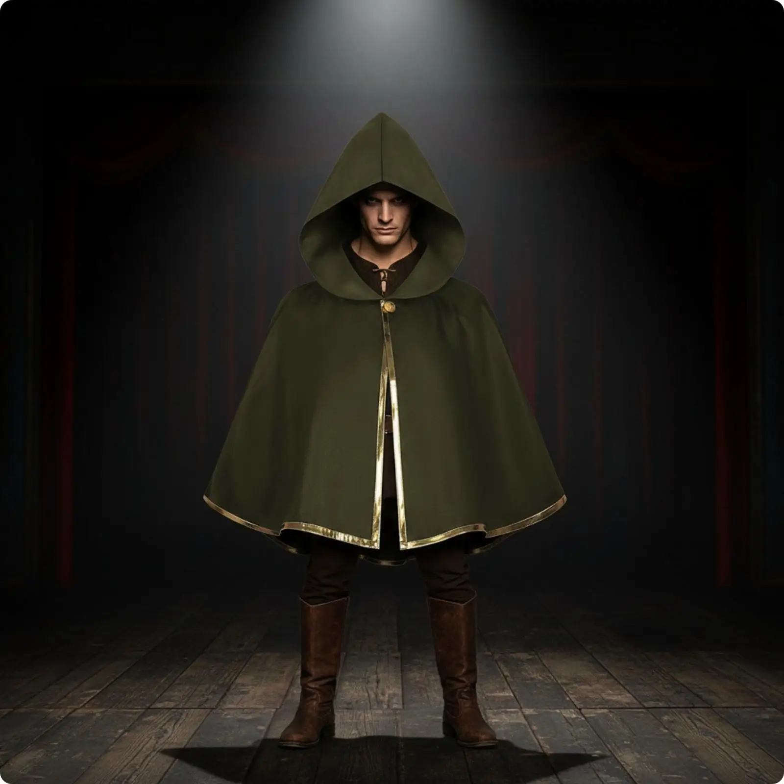 Polyester Hooded Cape for Men Gothic Cloak with Gold Trimmed Edge for Stage Show Cosplay Themed Dress Up