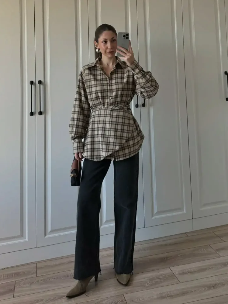 

Ribbed Navy Short Plaid Shirt Lady Chic Lapel Full Sleeve Single Breasted Lace Up Slim Blouse 2026 Women Daily Commute Shirts