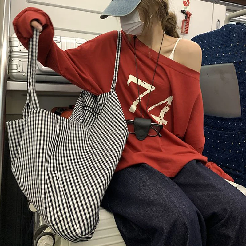 ملابس النساء العصرية مثير قبالة الكتف إلكتروني طباعة الأساسية تي شيرت Y2K Harajuku المتضخم الشارع الشهير تيز كم طويل تونك القمم