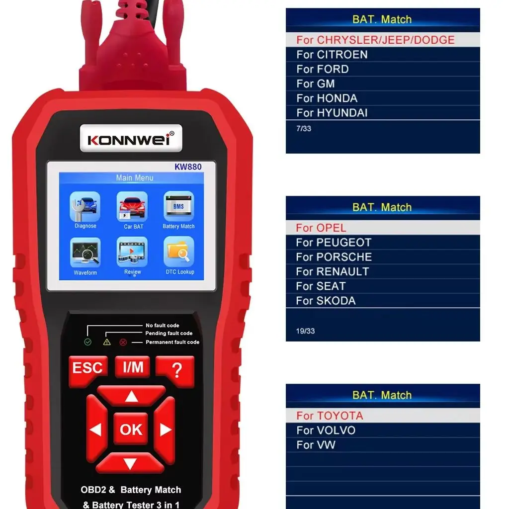 KOWWEI STABLE KW880 Universal Battery Tester& Car Battery Match Car OBDII Diagnostic Fault Scanner for 6V-12V Car Motorcycle