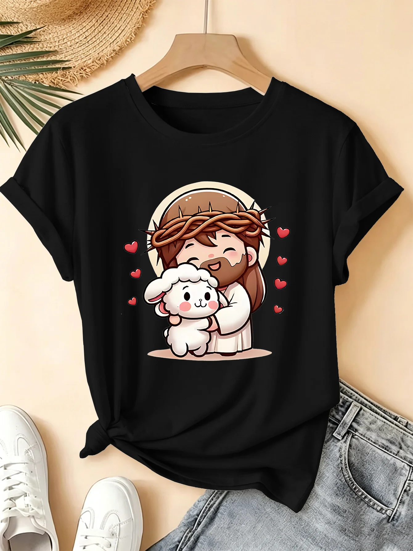Cute Cartoon Jesus Hug Lamb Hearts Religious Art Print Graphic Womens T Shirt Short Sleeve Crew Neck Casual Ladies Tee Tops