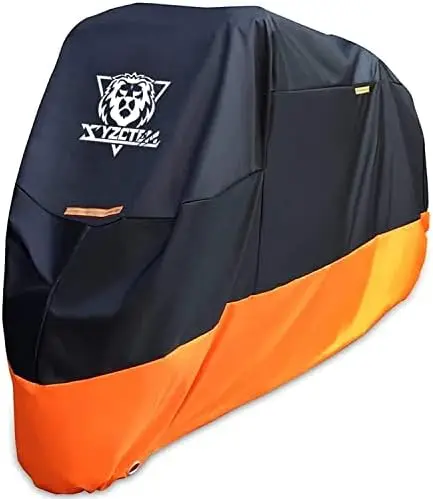 XYZCTEM Motorcycle Cover - Waterproof All-Season Fit for 116" Bikes - Black & Orange