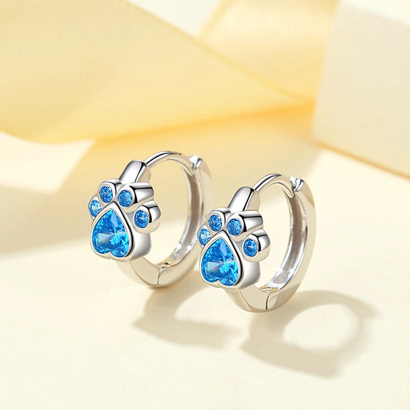 Huitan Novel Animal Footprint Hoop Earrings Lady Teen Girls Statement Jewelry with Bright Blue Zirconia Stone Chic Accessories