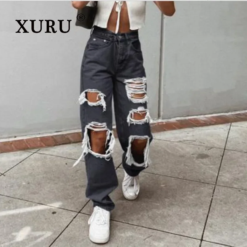 

XURU-Women's Distressed Jeans, Loose Pants, Straight, European and American, New, High Quality, K5-6691