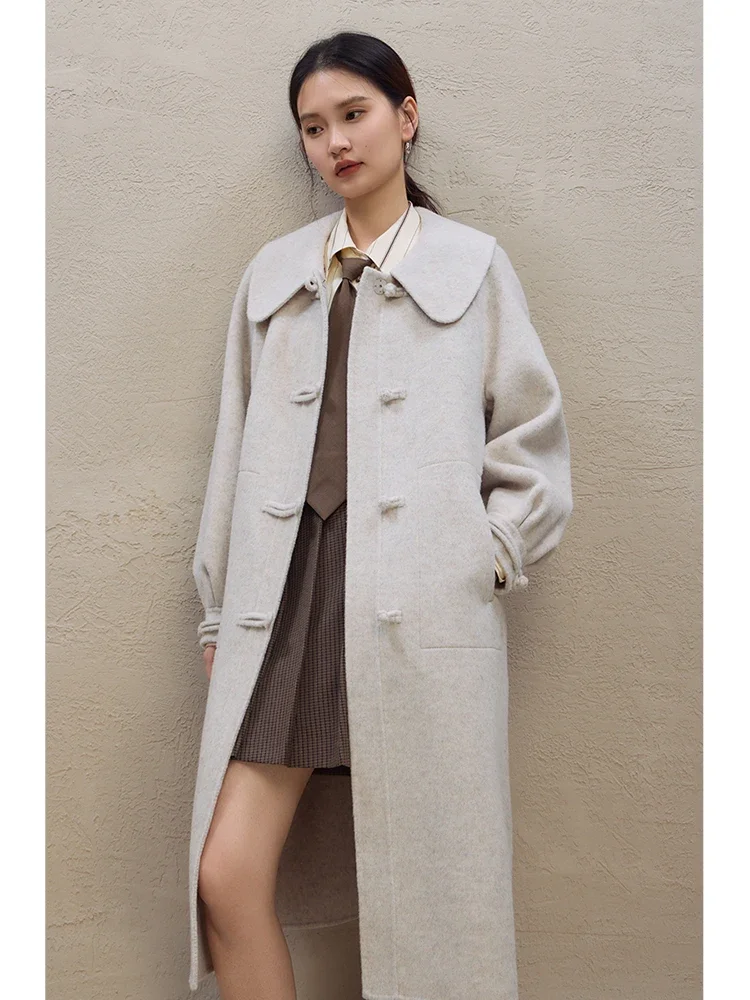 ZIQIAO College Style Double-sided 64.6% Woolen Coat for Women 2023 Winter New Peter-pan Collar Mid-length Wool Coats Female