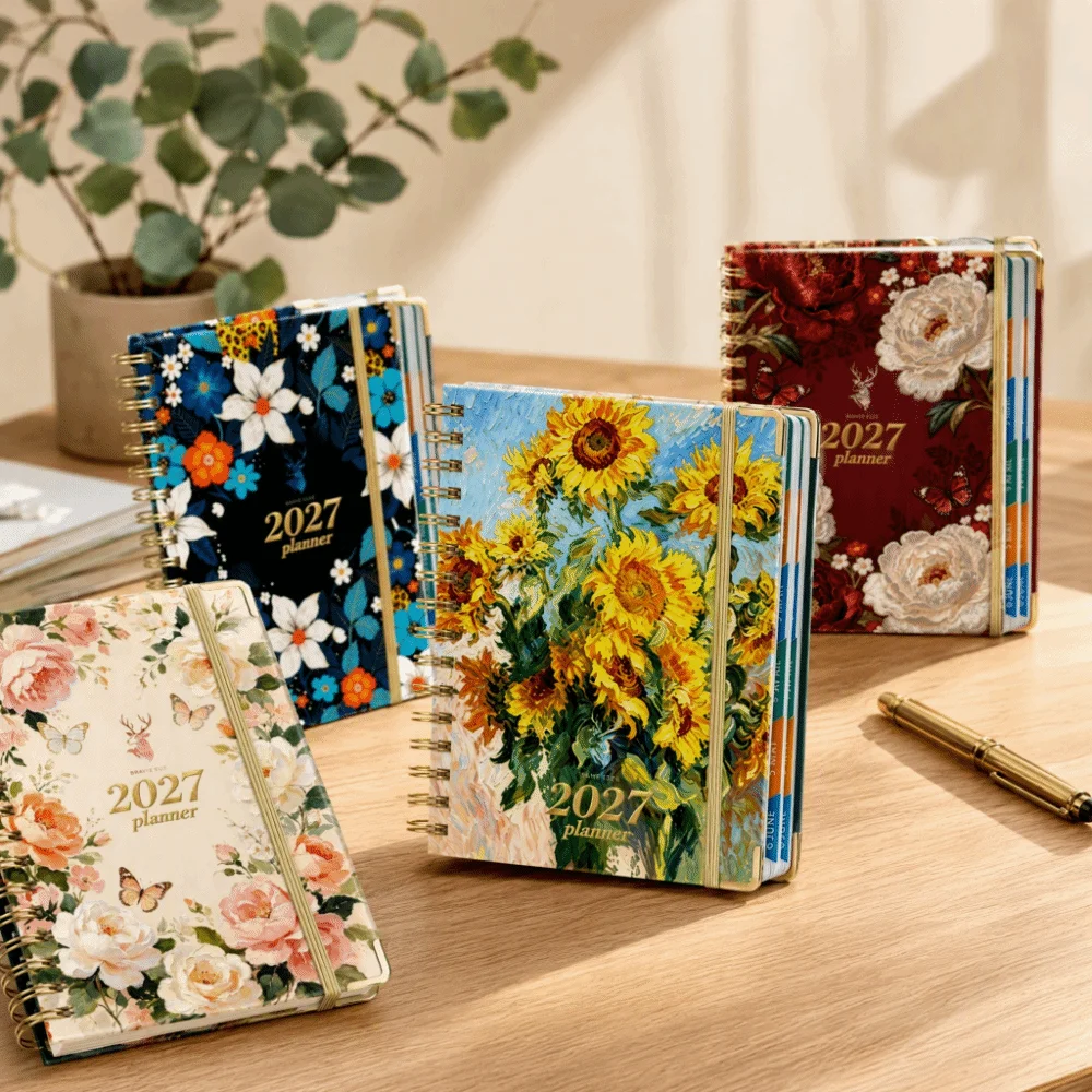 Double-Wire Binding 2027 Planner Notebook Lay Flat 180° Metal Corner Protector Coil Diary Book Colored Monthly Tabs Inner Page