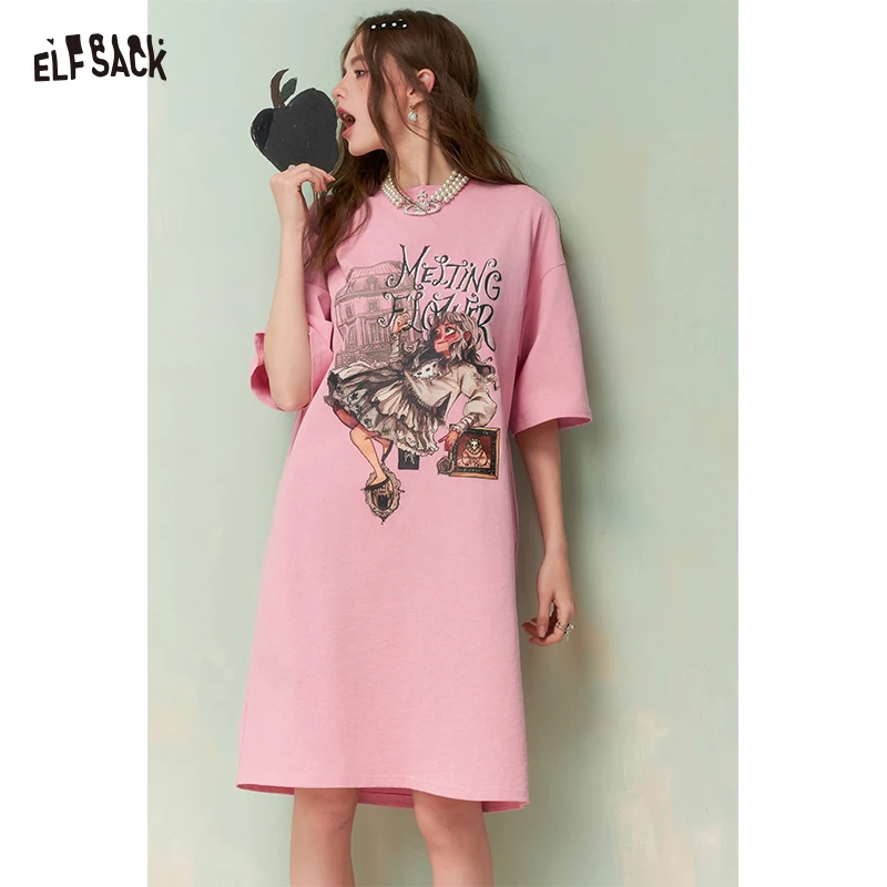 

ELFSACK Women's Pink Fantasy Print T-Shirt Dress with Back Bow Spring Summer Casual Streetwear