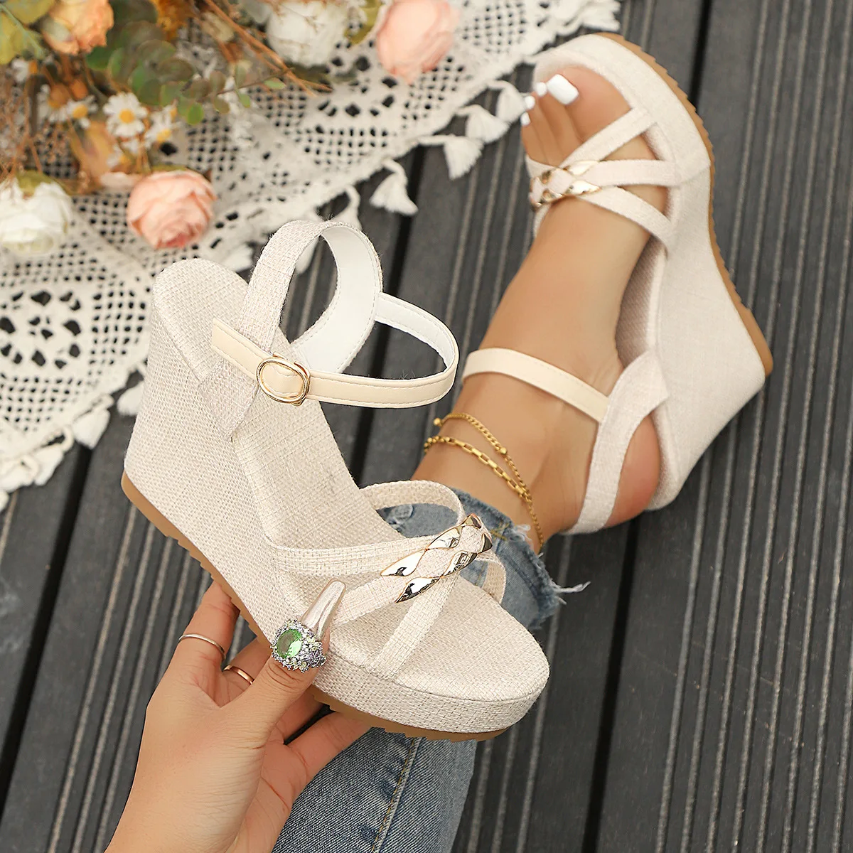 Slope Heel Plus Size Sandals Women Shoes 2026 Summer New Fashionable Thick Soled High-heeled Woven Sandals