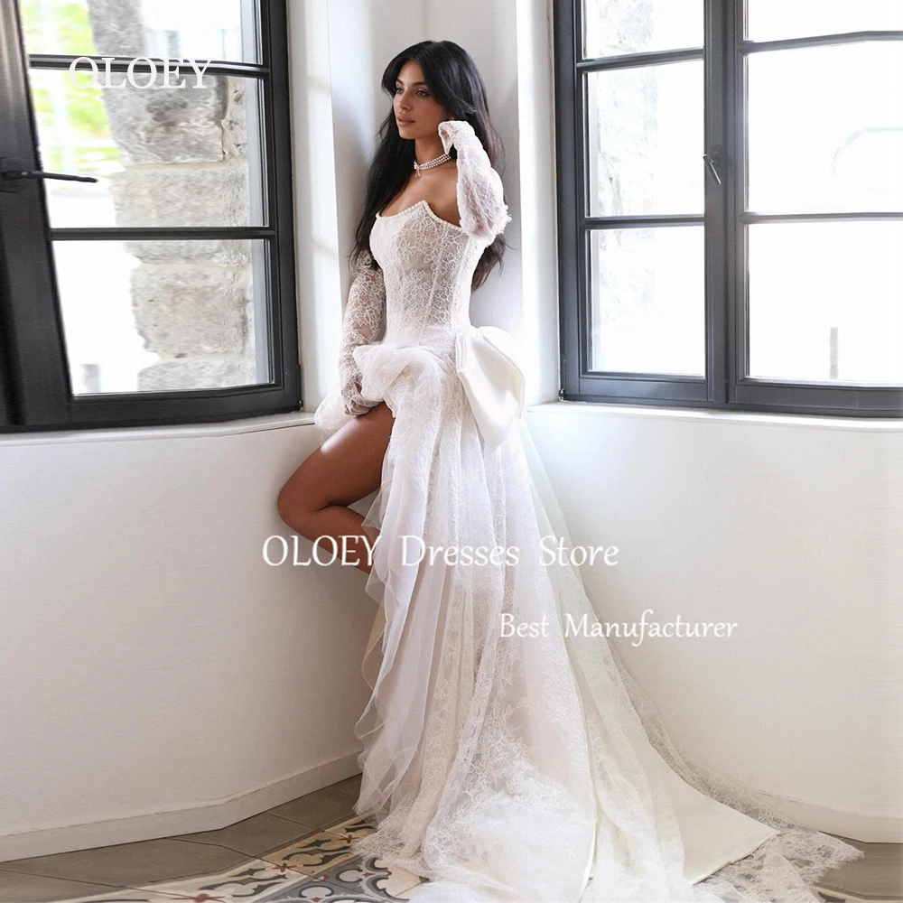 

OLOEY Luxury Ivory Mini Wedding Dress High and Low Length Lace Short Bridal Gown Scoop Neck With Gloves Bow Prom Cocktail Dress