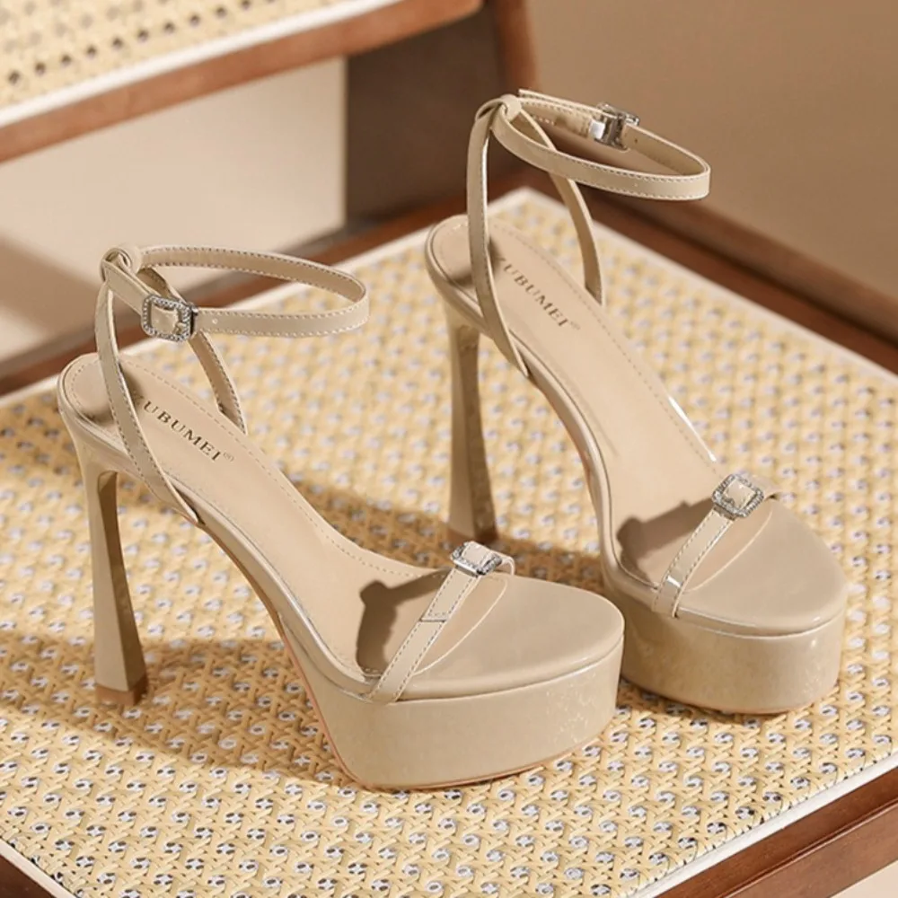 Women's Sandals Summer Thin Heel Buckle High Heel Sandals Women's Black Round Head Thick Sole Non Slip Waterproof Table Sandals