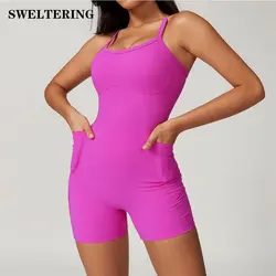 Yoga Set Women Clothes Backless Fitness Rompers Sexy Bodysuit One Piece Gym Push Up Workout Jumpsuits Pocket Siamese Sportswear