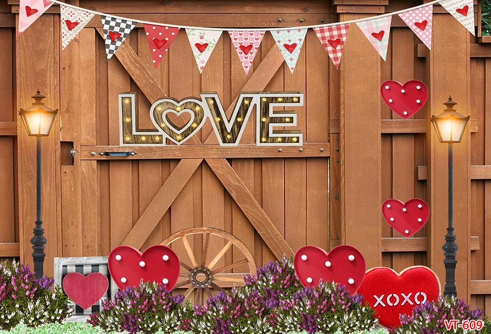Wood Door Love Valentine's Day Red Rose Store Brick Wall Decoration Backdrops Photocall Supplies Banner Wedding Background Props