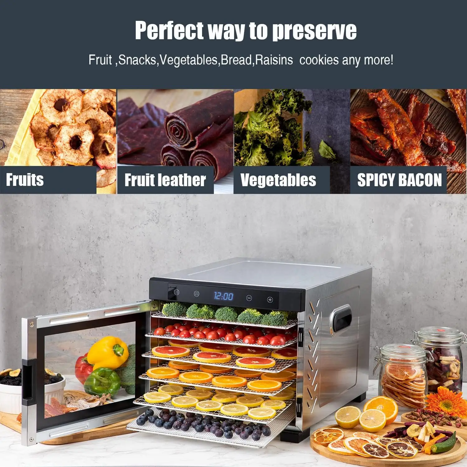 Máquina desidratadora de alimentos de bancada - 600 watts premium multi-camadas carne carne seca fabricante frutas/verduras secador com 6 stee inoxidável