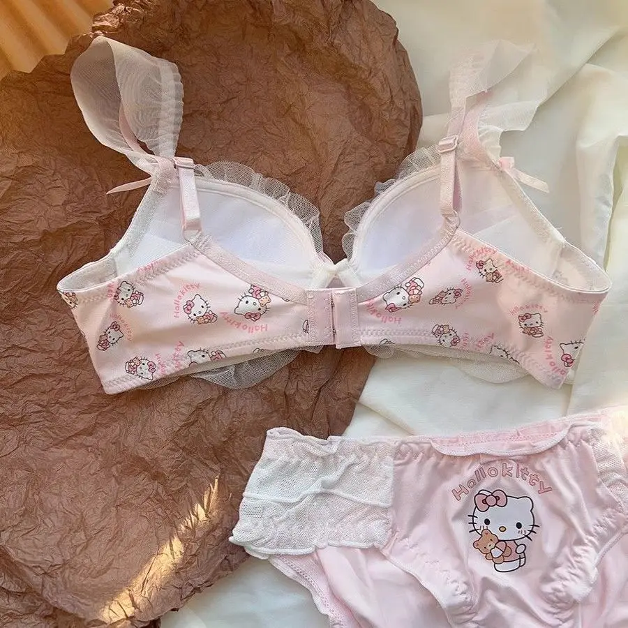 Hello Kitty Cute Japanese Girl Undergarments Unrimmed Bow Tie Small Breast Gathering Bra Set Female's Bra Breathable Gathered