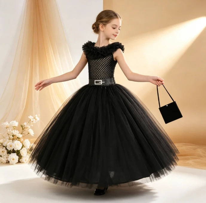Gothic Dark Elegant Simple Style Mesh Long Dress With Lace Collar Shoulder Bag Set For Girl Halloween Masquerade Party Tutu Gown