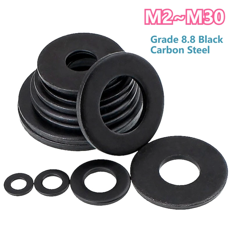 

1/5/10/20/50pcs M2 M2.5 M3 M4 M5 M6 M8 M10 M12 M14 M16 M20-M30 GB97 DIN125 Grade 8.8 Black Carbon Steel Flat Washer Plain Gasket