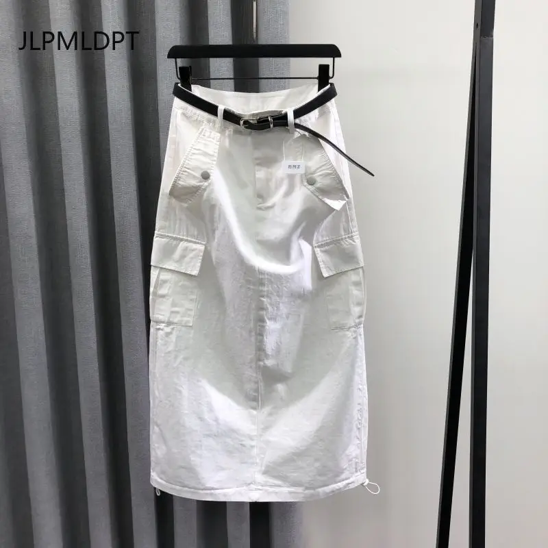 Falda vaquera de cintura alta verde militar para mujer, moda Primavera Verano 2025, vestido informal holgado con herramientas con palabra A