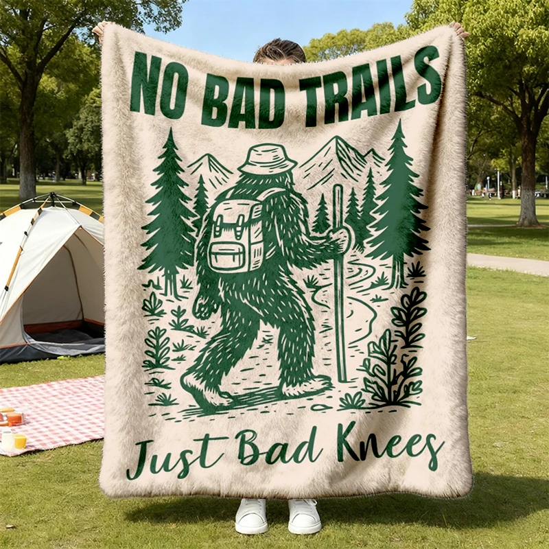 No Bad Trails Just Bad Knees Flannel Blanket, Funny Bigfoot Hiking Graphic Flannel Throw