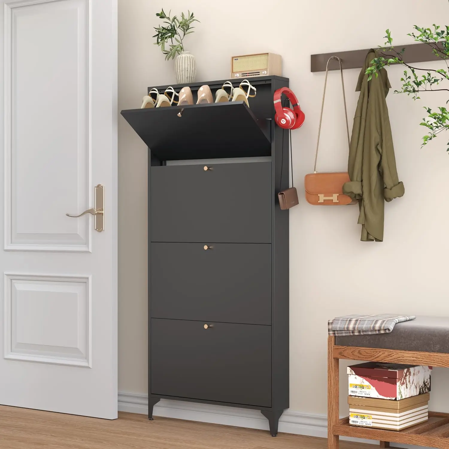 Slim Shoe Cabinet 4 Flip Drawers Narrow Freestanding Metal Hidden Storage Entryway Hallway Living Room 700mm Black, Customized
