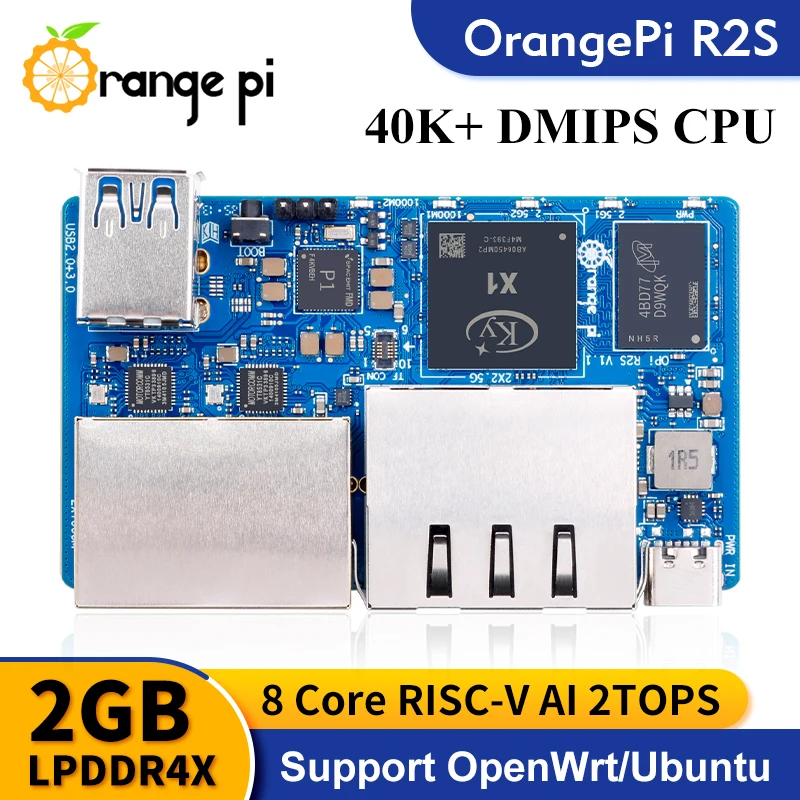 Orange Pi R2S 2GB RAM RISC-V مجلس التنمية 8GB eMMC 2 قمم NPU 2x2.5G + 2x1000M جيجابت إيثرنت لوحة واحدة الكمبيوتر