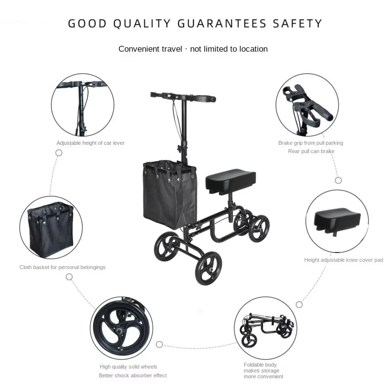 Elderly Disabled Knee Walker Foldable Seated Training Household Auxiliary Training Crutches Wheeled Trolley Four-wheeled Walker