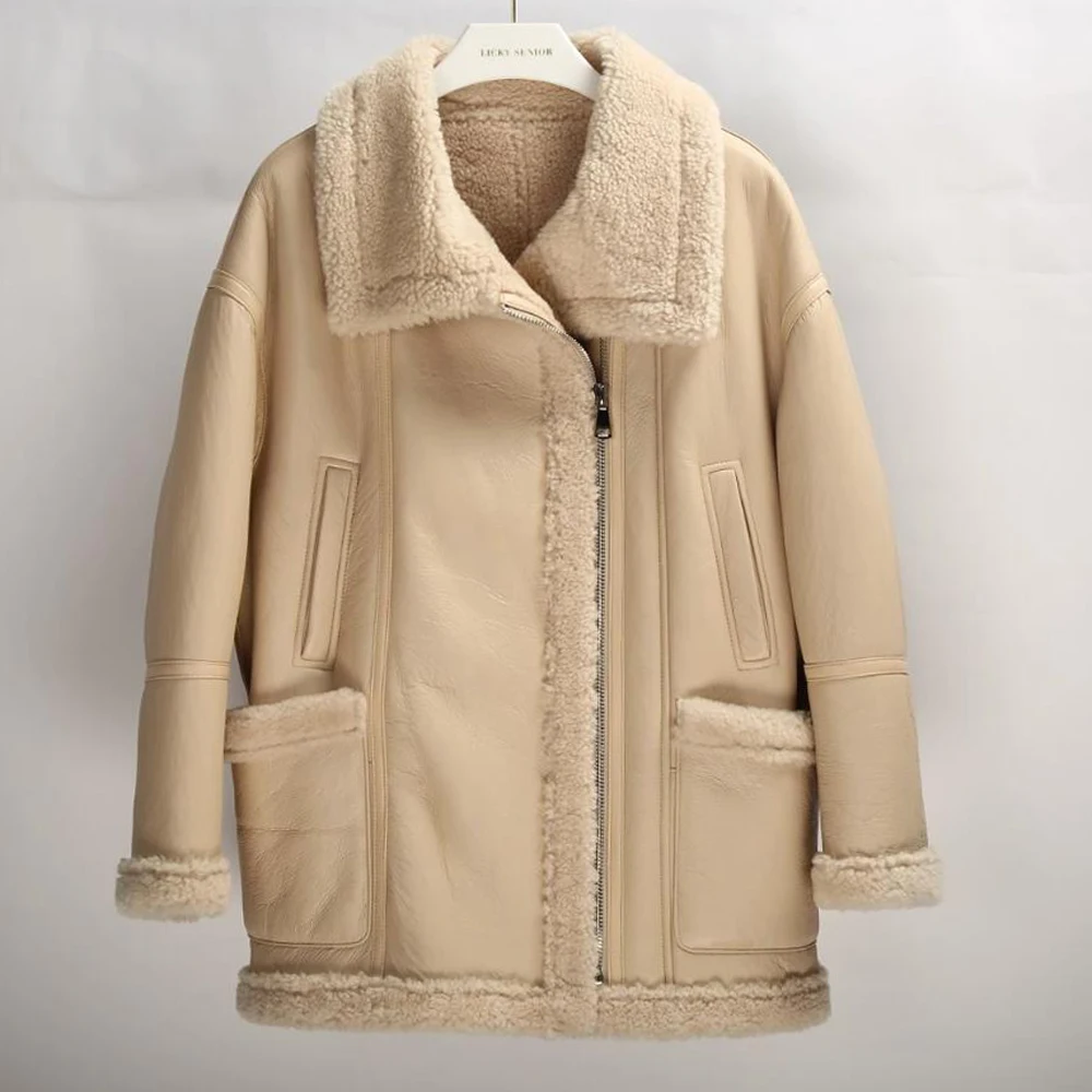 Chaqueta de piel de oveja para mujer, abrigo grueso y cálido de color Beige y gris, estilo de Moto, 2023 piel auténtica, novedad de 100%