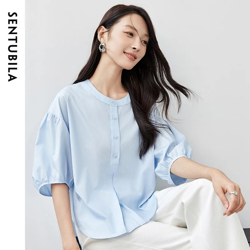 

SENTUBILA Cotton Loose Fit Blouse Women 2024 Autumn Chiffon Crew Neck Folids Three Quarter Lanter Sleeve Shirt Ladies 143C57618X