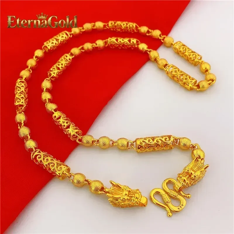 

EternaGold 9999 24K real gold leading auspicious cloud necklace domineering men's hollow carved column with frosted ball beads
