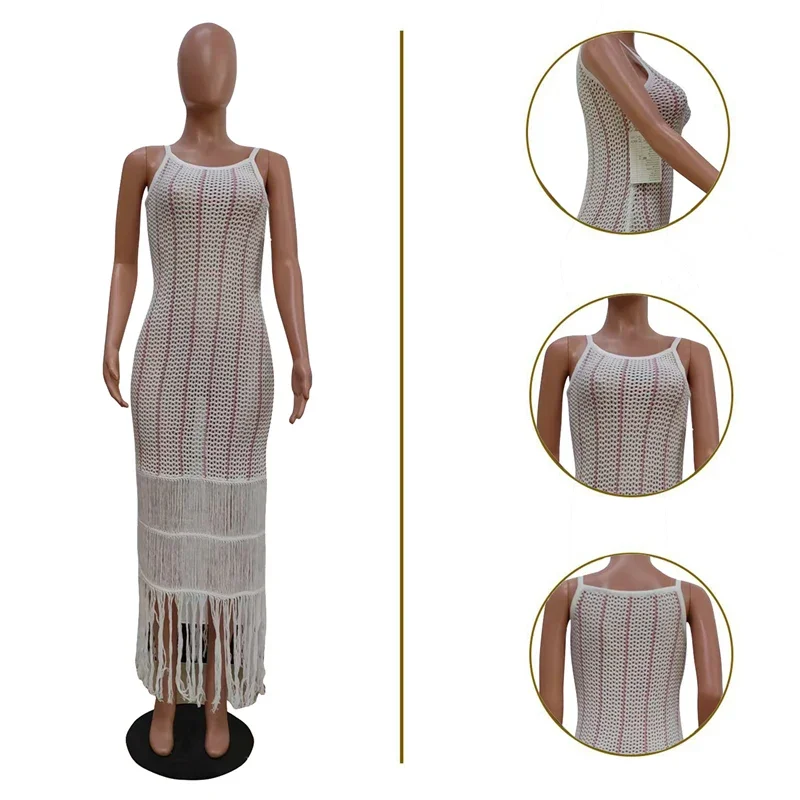 Striped Crochet Knitted Beach Summer Dresses Woman Sleeveless Spaghetti Strap Sheath Slim Fit Tassel Bodycon Maxi Dress Holiday