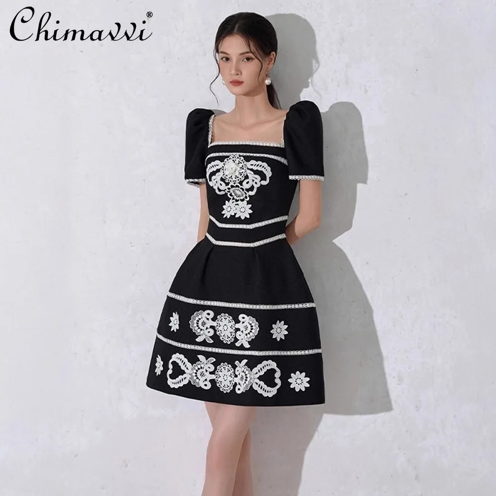 

French Retro Square Neck Puff Sleeve Dress Spring High-End Fashion Short Sleeve Elegant Jacquard Embroidery Gown Dress Women