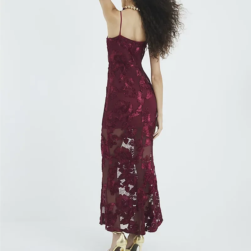 سيدة عالية الخصر انظر من خلال فستان موضة السباغيتي حزام الدانتيل والتطريز Bodycon فستان صيف جديد بلا أكمام فستان حفلة جوفاء