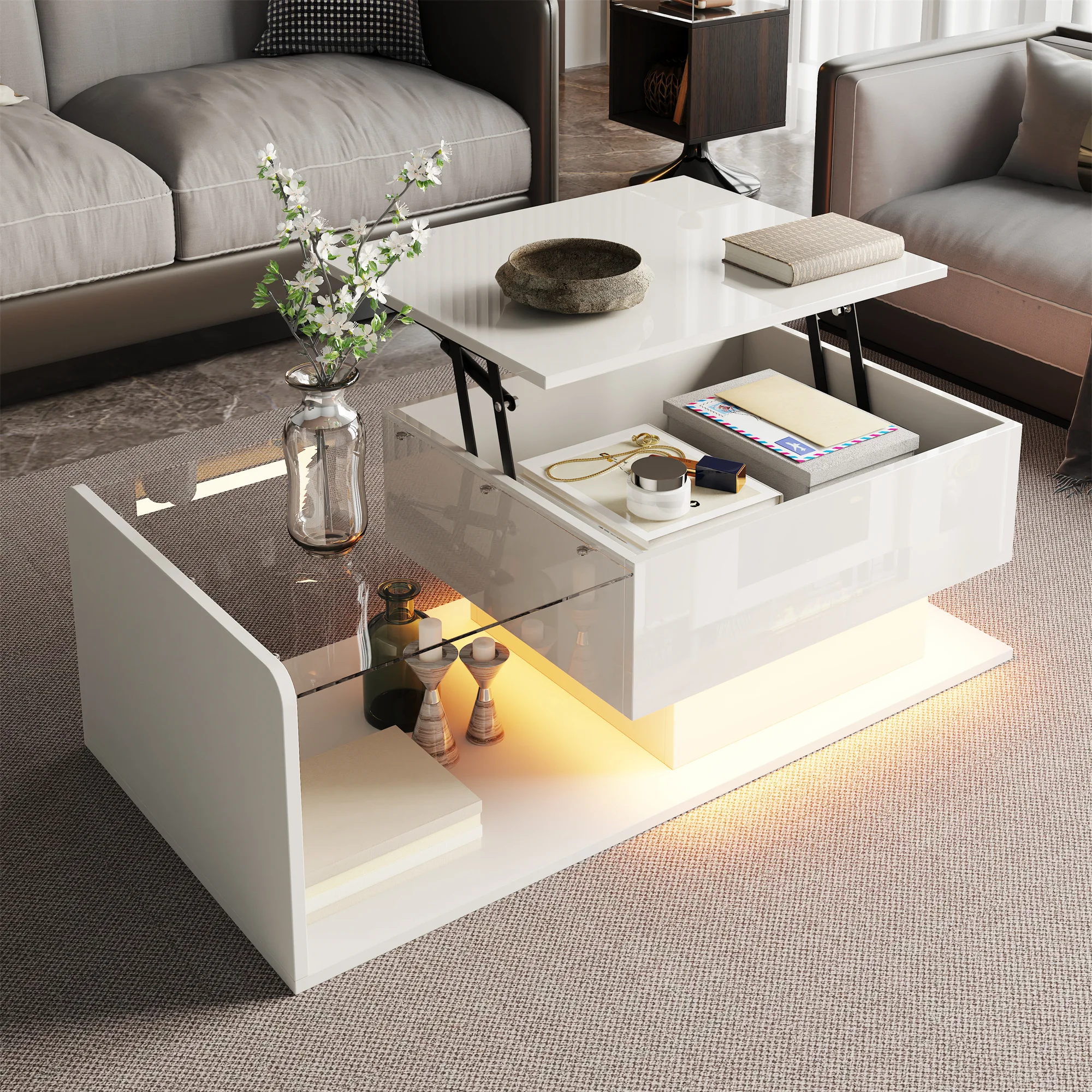 Mesa de Centro Blanca de Alto Brillo con Cubierta de Vidrio y Luz LED, Mesa Moderna