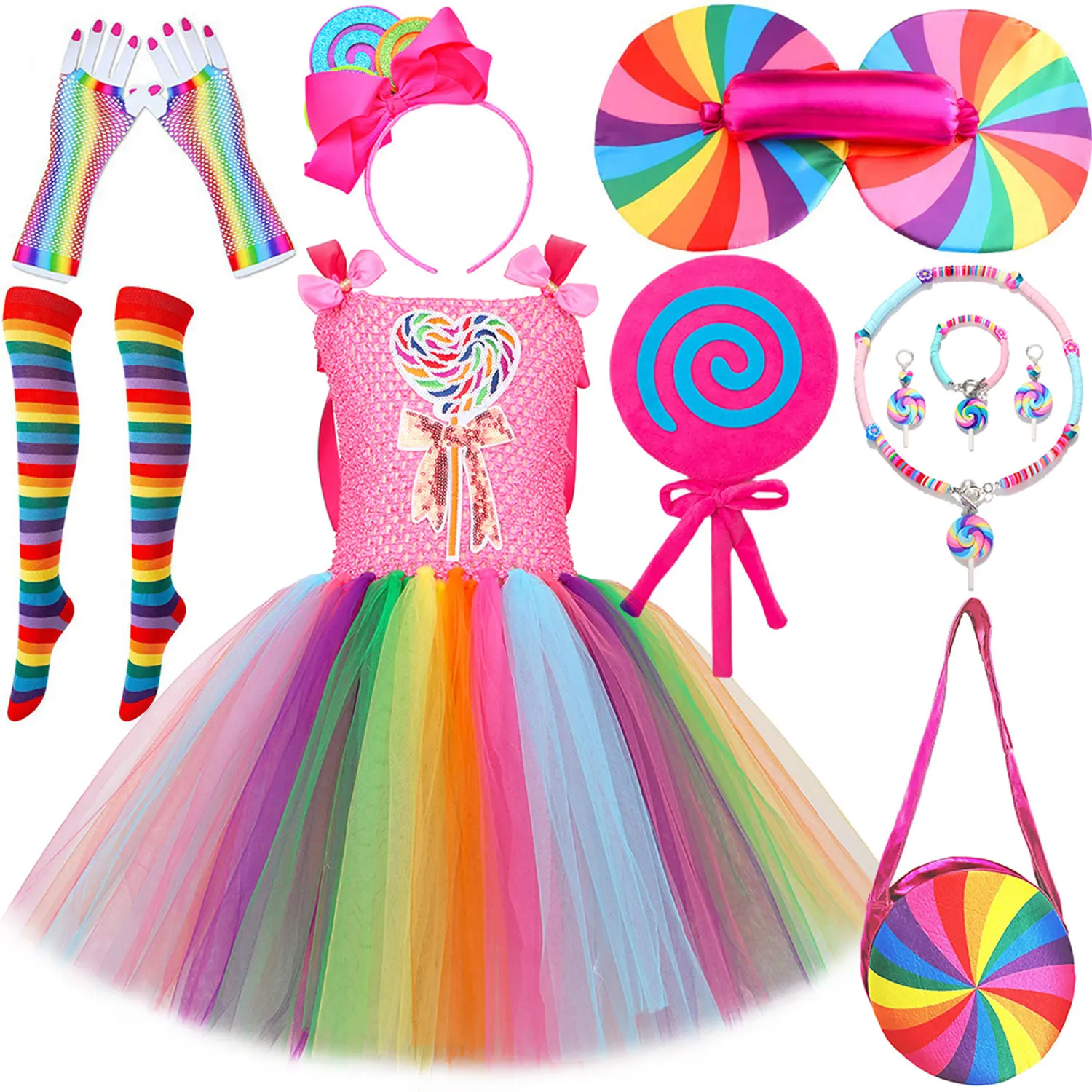2026 Rainbow Candy Lollipop Tutu Dress Halloween Girl Cosplay Sweet Costume Carnival Birthday Party Fancy Dress Outfit For 3‑10T