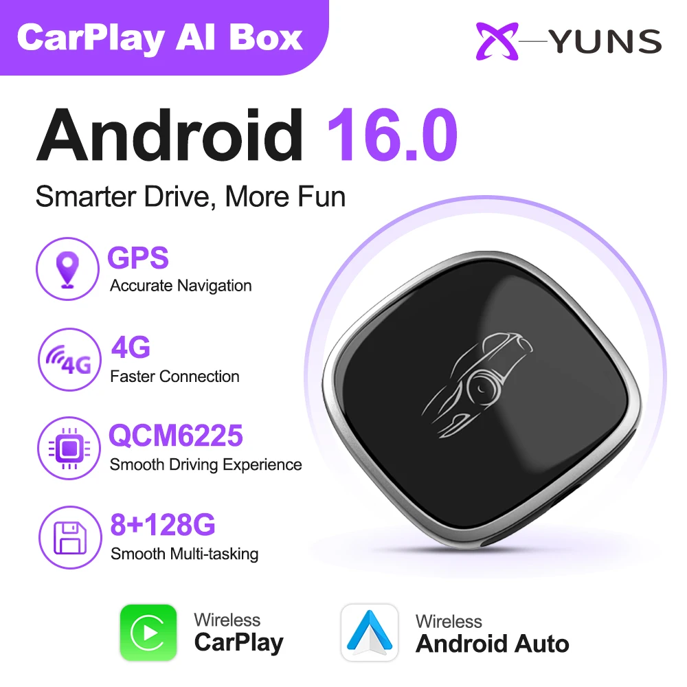 X-YUNS 2026 CarPlay AI Box für Toyota Qualcomm SM6225 Android16 Kabelloser CarPlay Adapter Plug&Play Kabelloses CarPlay Android Auto