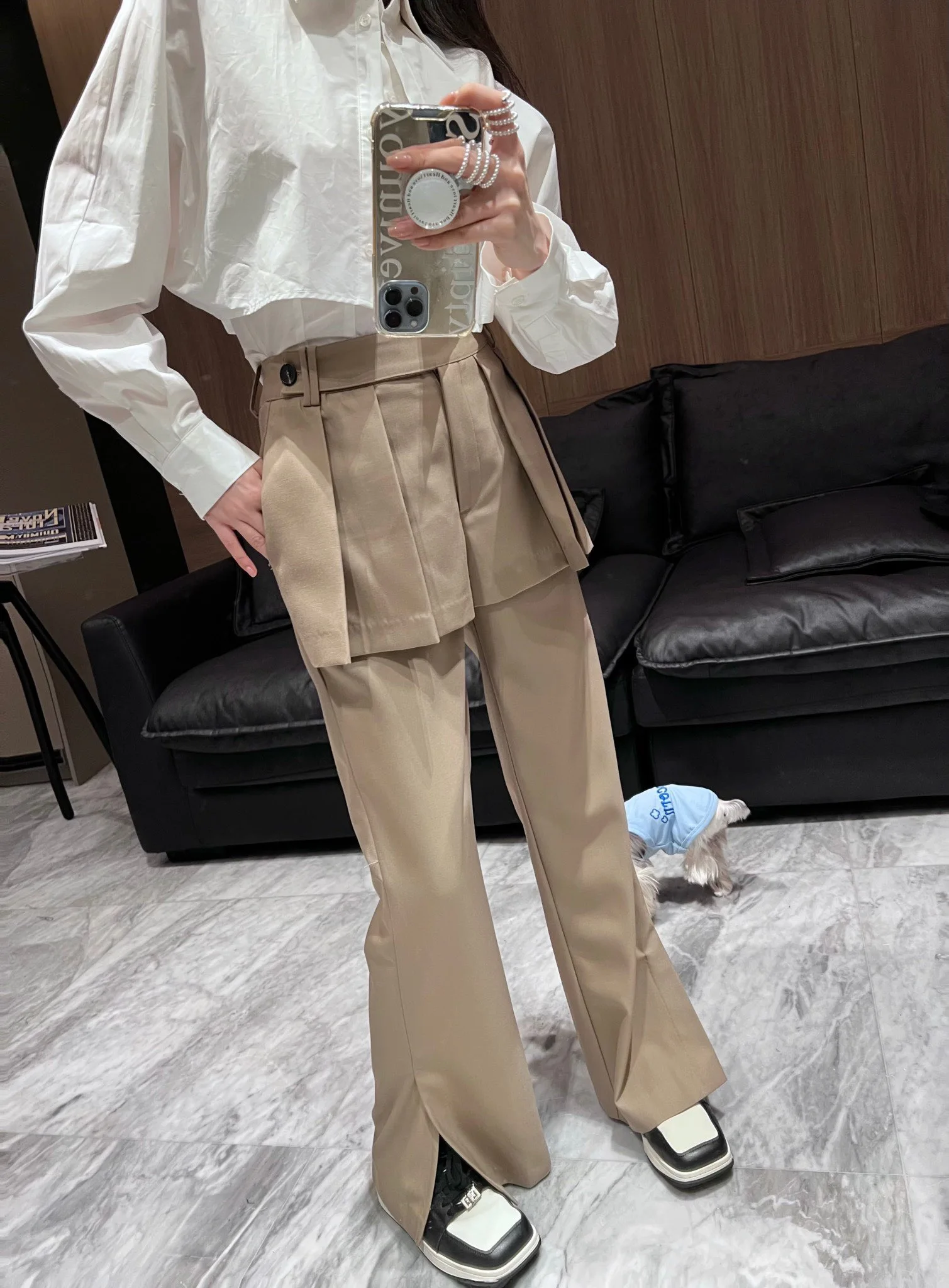 

Early Spring New Style Layered Pleated Casual Pants High Waist Straight Leg Long Trousers Asymmetric Design Women's Fashion