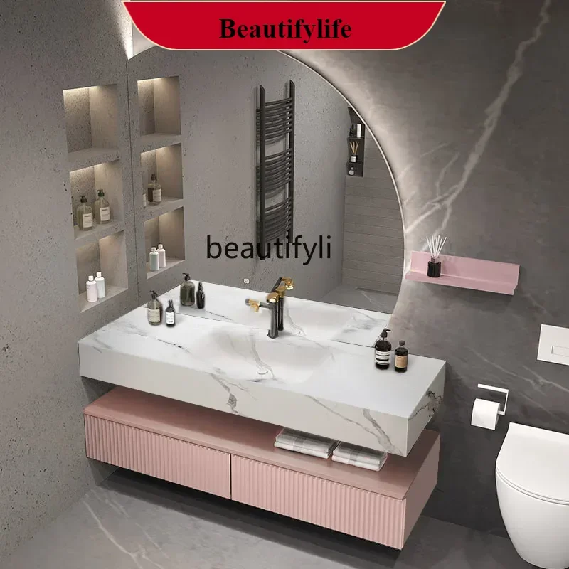 

A185 Modern Minimalist Light Luxury Bathroom Cabinet with Stone Plate Integrated Wash Basin Whole Washbin Combination