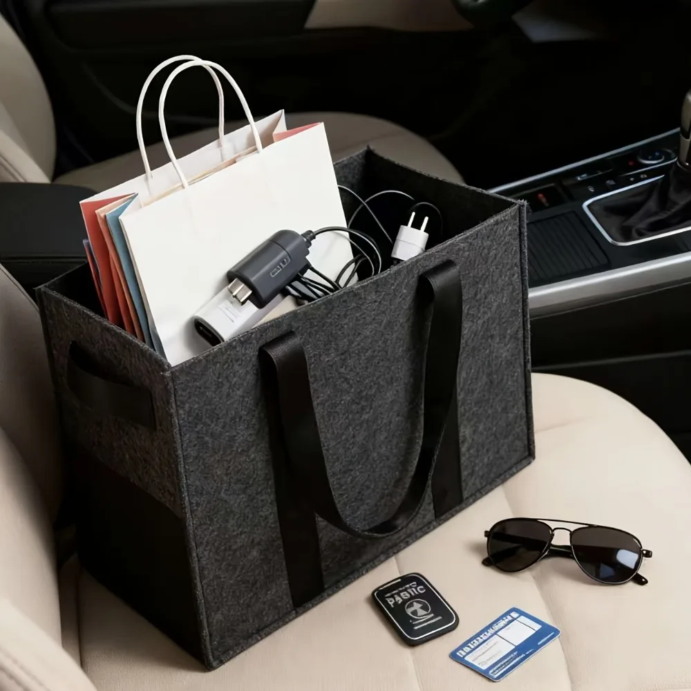 Extra dicke Filz-Aufbewahrungsbox mit Griffen, tragbare Tasche mit mehreren Fächern, die für die Aufbewahrung im Kofferraum verwendet werden kann – Detail 2