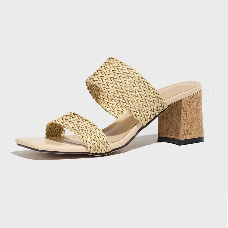 الصيف النساء النسيج أحذية رئيس مربع النعال بلون حذاء بكعب عالٍ مكتنز الانزلاق على الشرائح مثير مأدبة الحفلات البغال Zapatos #6