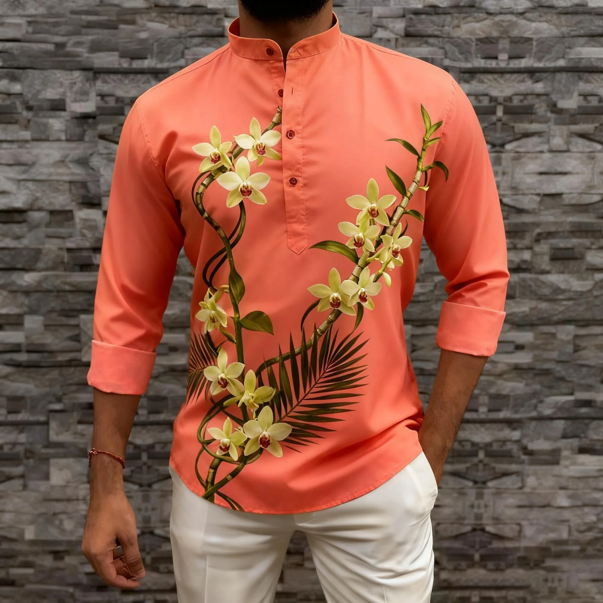 2026 رداء رجالي مسلم بأكمام طويلة قميص نمط عرقي الوقوف طوق النمط الوطني العربي الإسلام Ropa Musulmana Hombre