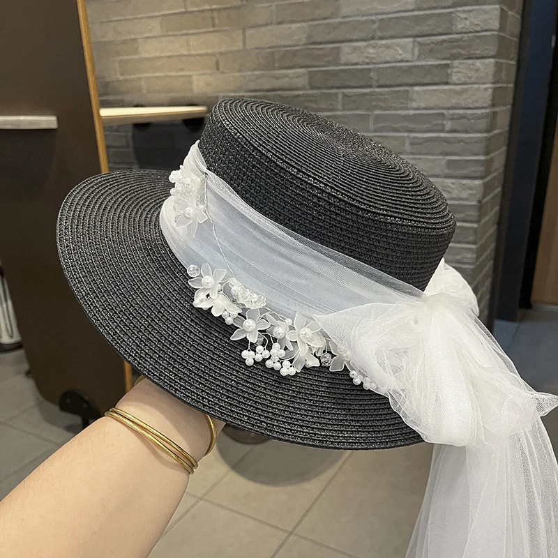 

New French Hepburn Organza Flower Straw Hat Women's Light Luxury Style Flat Top Beach Sun Hat Summer Ladies Straw Hat